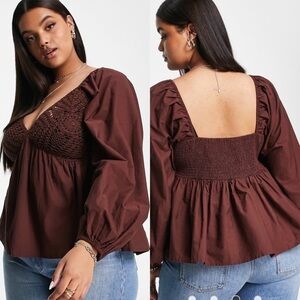 ASOS Curve Crochet Burgundy Smocked Peplum Top Plus Size 22